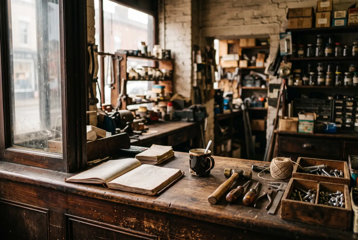 The service counter of a long-established small business — an open ledger, hand tools and parts trays worn smooth by decades of daily use.